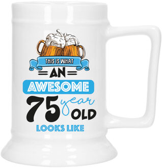 Bellatio Decoration Cadeau Bierpul voor 75 jaar - blauw - grappige leeftijd bierpul - keramiek