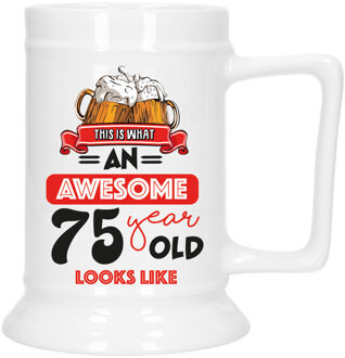 Bellatio Decoration Cadeau Bierpul voor 75 jaar - rood - grappige leeftijd bierpul - 530 ml