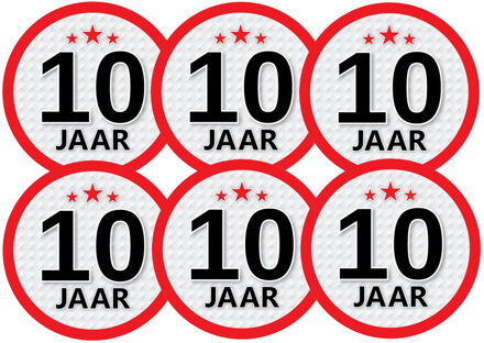 Bellatio Decorations 10 jaar leeftijd sticker - 12x - rond - Dia 15 cm - 10 jaar verjaardag - jubileum - leeftijd versier