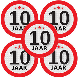 Bellatio Decorations 10 jaar leeftijd sticker - 5x - rond - Dia 9 cm - 10 jaar verjaardag - jubileum - leeftijd versierin