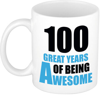 Bellatio Decorations 100 great years of being awesome cadeau mok / beker wit en blauw - verjaardagscadeau 100 jaar - feest mokken