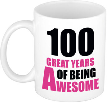 Bellatio Decorations 100 great years of being awesome cadeau mok / beker wit en roze - verjaardagscadeau 100 jaar - feest mokken