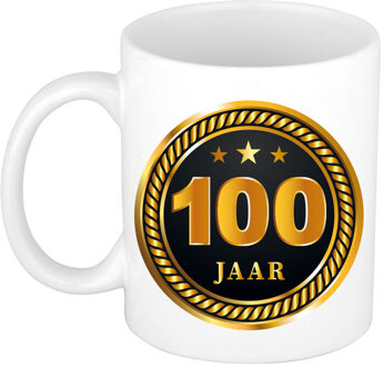 Bellatio Decorations 100 jaar cadeau mok / beker medaille goud zwart voor verjaardag/ jubileum