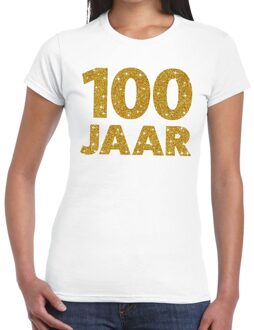 Bellatio Decorations 100 jaar goud glitter verjaardag/jubileum kado shirt wit dames 2XL