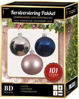 Bellatio Decorations 101 Stuks Kerstballen Mix Zilver-roze-blauw Voor 150 Cm Boom - Kerstballen Pakket