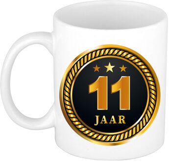 Bellatio Decorations 11 jaar thema koffiemok Medaille - jubileum - verjaardag - zwart met goud - Cadeau beker