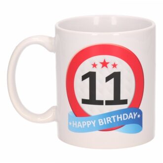 Bellatio Decorations 11 jaar Verjaardag koffiemok - cadeau beker - stopbord print - 300 ml - keramiek - wit