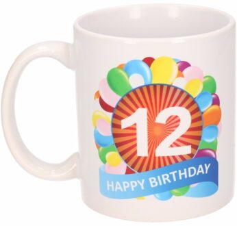 Bellatio Decorations 12 jaar Verjaardag koffiemok - cadeau beker - feestelijke ballonnen print - 300 ml - keramiek - wit