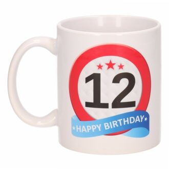Bellatio Decorations 12 jaar Verjaardag koffiemok - cadeau beker - stopbord print - 300 ml - keramiek - wit
