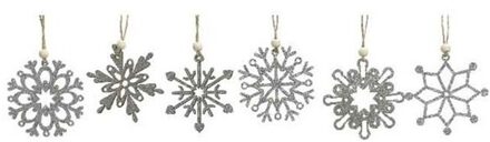 Bellatio Decorations 12x Houten sneeuwvlok kersthangers zilver 6 cm - Kerstboomversiering