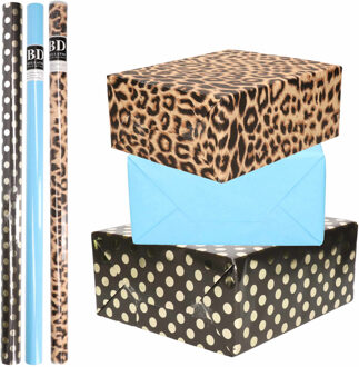 Bellatio Decorations 12x Rollen kraft inpakpapier/folie pakket - panterprint/blauw/zwart met gouden stippen 200 x 70 cm