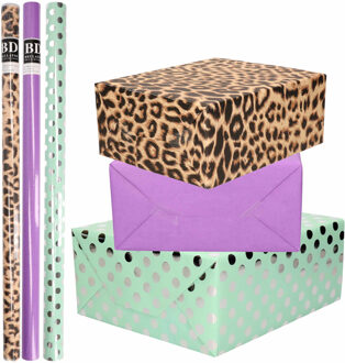 Bellatio Decorations 12x Rollen kraft inpakpapier/folie pakket - panterprint/paars/mintgroen zilver stippen 200 x 70 cm
