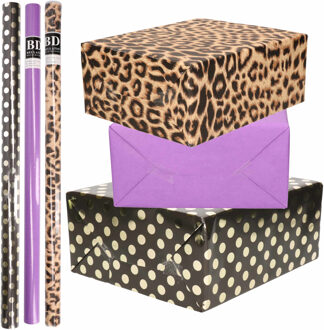 Bellatio Decorations 12x Rollen kraft inpakpapier/folie pakket - panterprint/paars/zwart met gouden stippen 200 x 70 cm