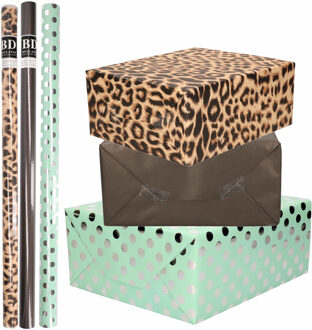 Bellatio Decorations 12x Rollen kraft inpakpapier/folie pakket - panterprint/zwart/mintgroen zilver stippen 200 x 70 cm