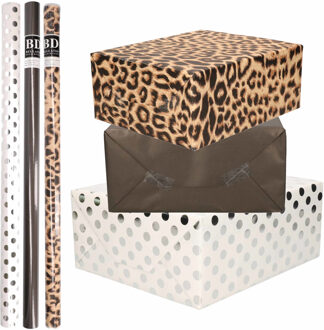 Bellatio Decorations 12x Rollen kraft inpakpapier/folie pakket - panterprint/zwart/wit met zilveren stippen 200 x 70 cm