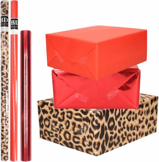 Bellatio Decorations 12x Rollen kraft inpakpapier pakket panter-dierenprint/metallic/rood 200 x 70/50 cm