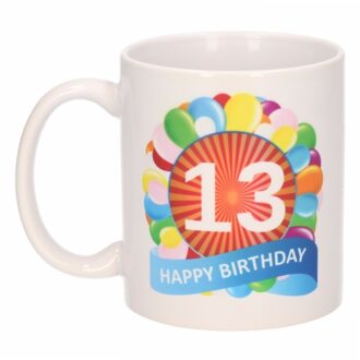 Bellatio Decorations 13 jaar Verjaardag koffiemok - cadeau beker - feestelijke ballonnen print - 300 ml - keramiek - wit Multi