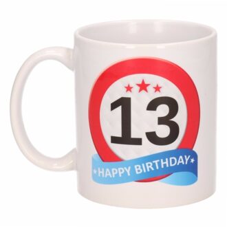 Bellatio Decorations 13 jaar Verjaardag koffiemok - cadeau beker - stopbord print - 300 ml - keramiek - wit Rood