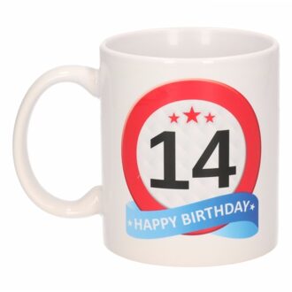 Bellatio Decorations 14 jaar Verjaardag koffiemok - cadeau beker - stopbord print - 300 ml - keramiek - wit