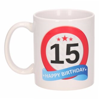 Bellatio Decorations 15 jaar Verjaardag koffiemok - cadeau beker - stopbord print - 300 ml - keramiek - wit Rood
