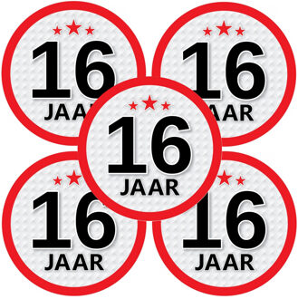 Bellatio Decorations 16 jaar leeftijd sticker - 5x - rond - Dia 15 cm - 16 jaar verjaardag - jubileum - leeftijd versieri