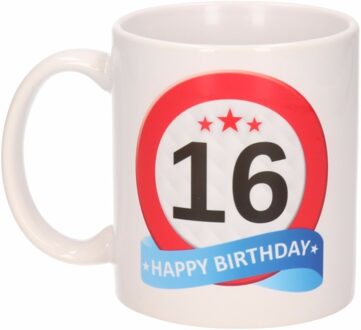Bellatio Decorations 16 jaar Verjaardag koffiemok - cadeau beker - stopbord print - 300 ml - keramiek - wit