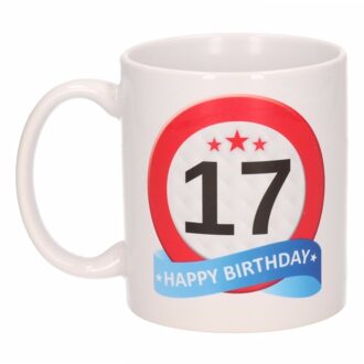 Bellatio Decorations 17 jaar Verjaardag koffiemok - cadeau beker - stopbord print - 300 ml - keramiek - wit