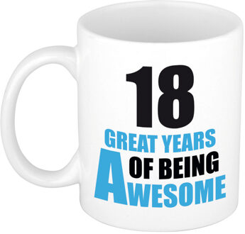 Bellatio Decorations 18 great years of being awesome cadeau mok / beker wit en blauw - verjaardagscadeau - feest mokken