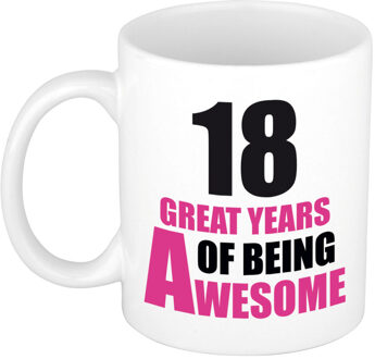 Bellatio Decorations 18 great years of being awesome cadeau mok / beker wit en roze- verjaardagscadeau - feest mokken