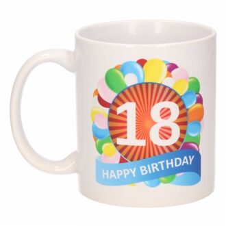 Bellatio Decorations 18 jaar Verjaardag koffiemok - cadeau beker - feestelijke ballonnen print - 300 ml - keramiek - wit