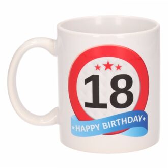 Bellatio Decorations 18 jaar Verjaardag koffiemok - cadeau beker - stopbord print - 300 ml - keramiek - wit Rood