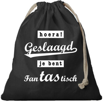 Bellatio Decorations 1x Canvas cadeautasje hoera geslaagd zwart met koord 25 x 30 cm