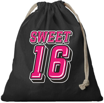 Bellatio Decorations 1x Canvas cadeautasje verjaardag Sweet 16 stoer zwart met koord 25 x 30 cm