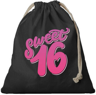 Bellatio Decorations 1x Canvas cadeautasje verjaardag Sweet 16 zwart met koord 25 x 30 cm