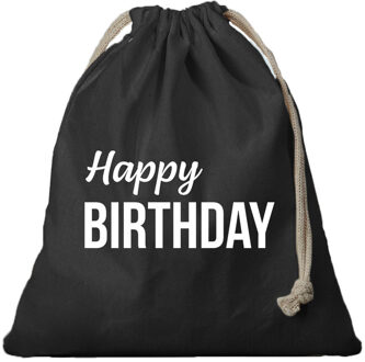 Bellatio Decorations 1x Canvas verjaardag cadeautasje Happy Birthday zwart met koord 25 x 30 cm