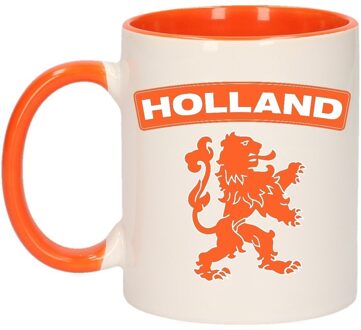 Bellatio Decorations 1x Holland oranje leeuw beker / mok - oranje met wit - 300 ml keramiek - oranje bekers Multikleur