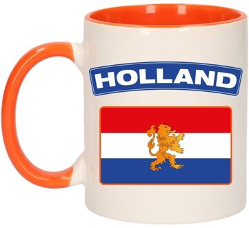 Bellatio Decorations 1x Holland vlag beker / mok - oranje met wit - 300 ml keramiek - oranje bekers Multikleur