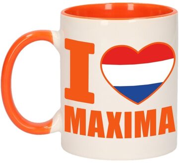 Bellatio Decorations 1x I love Maxima beker / mok - oranje met wit - 300 ml keramiek - oranje bekers Multikleur