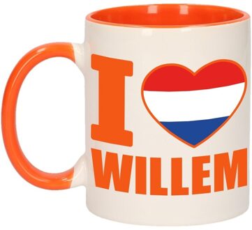 Bellatio Decorations 1x I love Willem beker / mok - oranje met wit - 300 ml keramiek - oranje bekers Multikleur