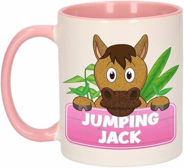 Bellatio Decorations 1x Jumping Jack beker / mok - roze met wit - 300 ml keramiek - paarden bekers Multikleur