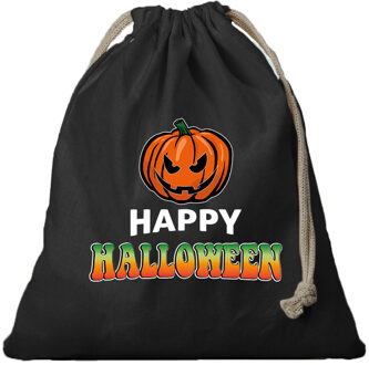 Bellatio Decorations 1x Katoenen happy halloween snoep tasje met pompoen zwart 25 x 30 cm - Verkleedtassen