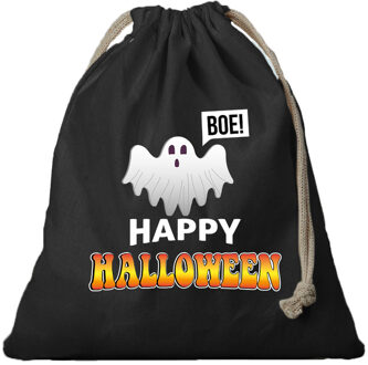 Bellatio Decorations 1x Katoenen happy halloween snoep tasje met spook zwart 25 x 30 cm - Verkleedtassen