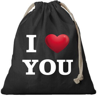 Bellatio Decorations 1x Katoenen tasje/ cadeautasje I love You zwart 25 x 30 cm - cadeauverpakking feest