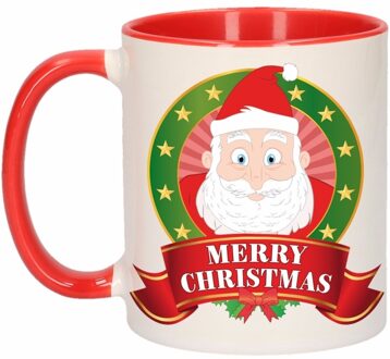 Bellatio Decorations 1x Kerst beker / mok - rood met wit - 300 ml keramiek - Kerstman print Multikleur