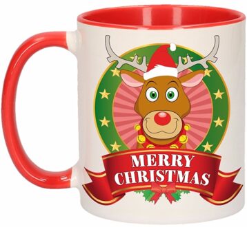 Bellatio Decorations 1x Kerst beker / mok - rood met wit - 300 ml keramiek - Rendier Rudolf print Multikleur