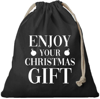 Bellatio Decorations 1x Kerst cadeauzak zwart Enjoy your gift met koord voor als cadeauverpakking