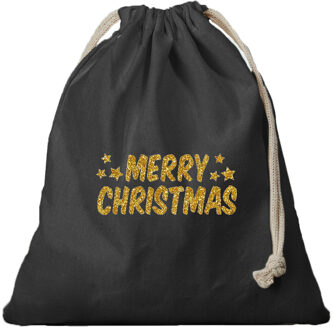 Bellatio Decorations 1x Kerst cadeauzak zwart Merry Christmas gouden glitters met koord voor als cadeauverpakking