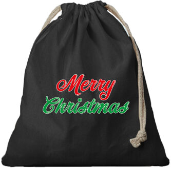 Bellatio Decorations 1x Kerst cadeauzak zwart Merry Christmas met koord voor als cadeauverpakking