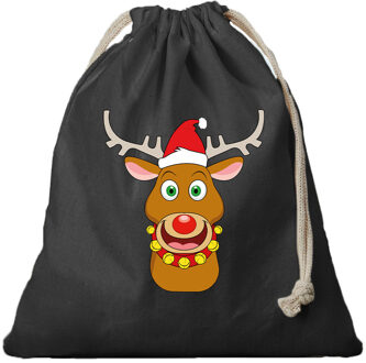 Bellatio Decorations 1x Kerst cadeauzak zwart Rendier met kerstmuts met koord voor als cadeauverpakking