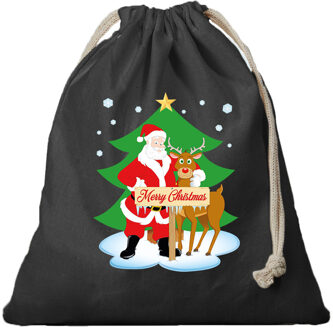 Bellatio Decorations 1x Kerst cadeauzak zwart Santa en Rudolf met koord voor als cadeauverpakking - cadeauverpakking kerst